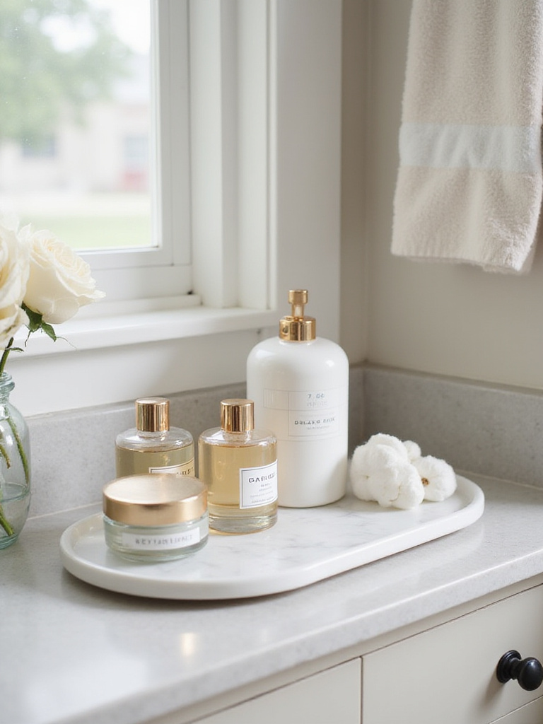 Decorative tray with small essentials in a bathroom cabinet
