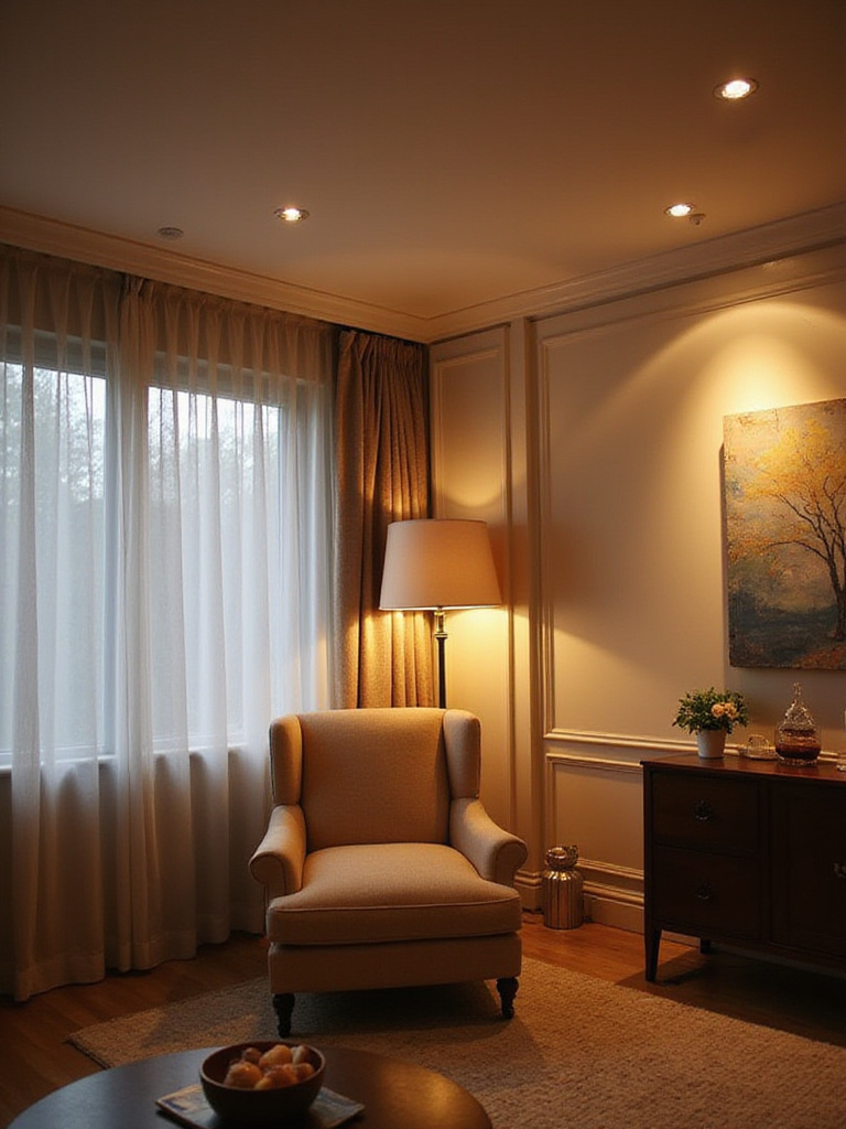 A cozy living room showcasing layered lighting with ambient, task, and accent fixtures.