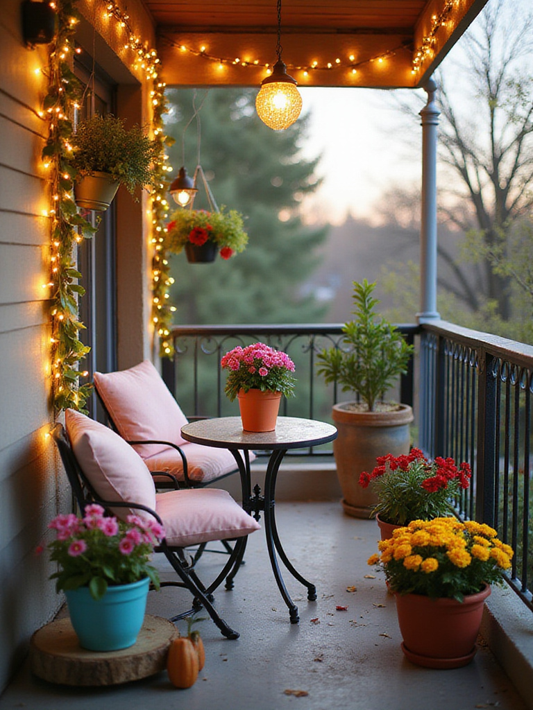 A cozy balcony decorated with seasonal decor, featuring colorful flowers, cushions, and warm lighting.