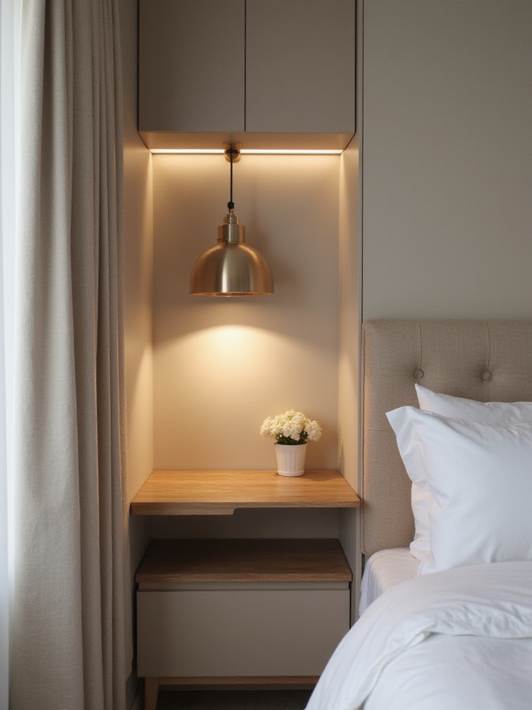 A serene bedroom with a discreet workspace featuring a fold-down desk.