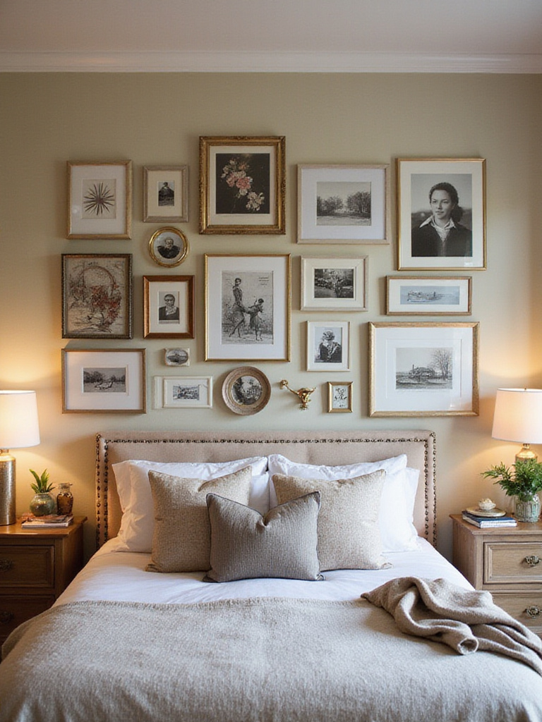 Curated gallery wall in a cozy bedroom with various art pieces and photographs.