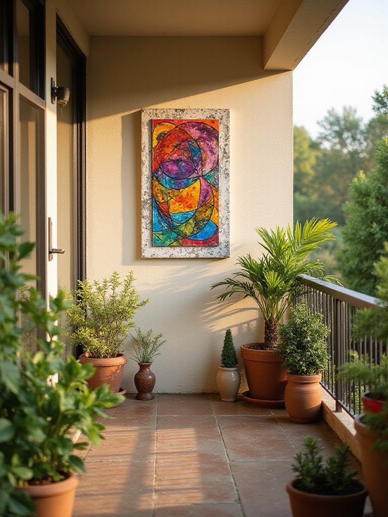 Decorated balcony featuring weather-resistant art and greenery
