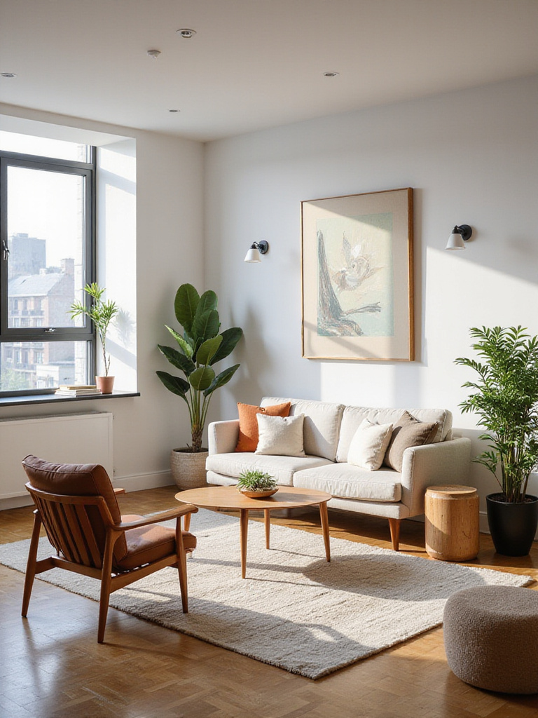 Cohesive apartment living room with mid-century modern decor and natural lighting.