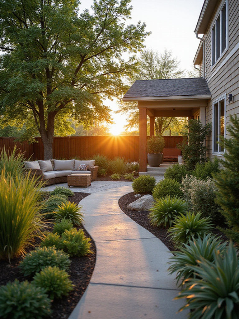 A well-designed front yard that reflects a defined purpose and style, featuring plants and a seating area.