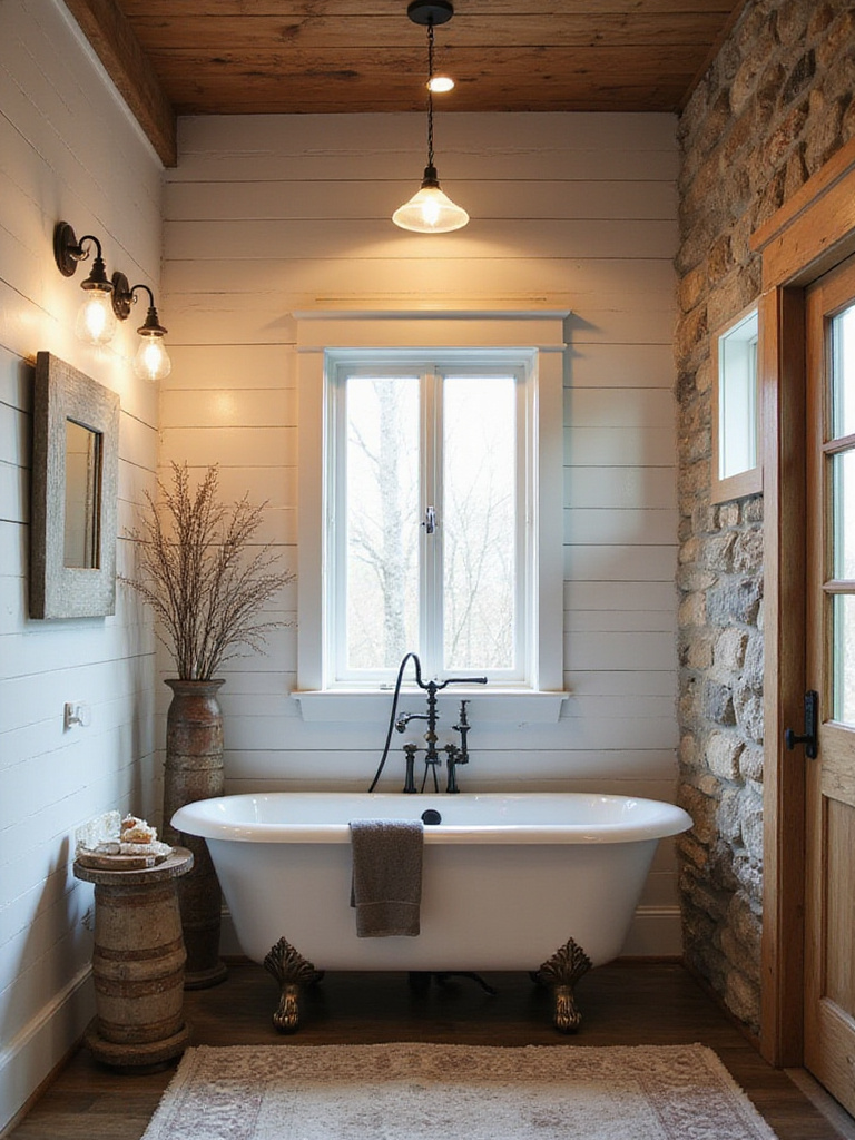 A rustic bathroom blending Farmhouse, Cabin, and Industrial styles with warm lighting and cozy decor.