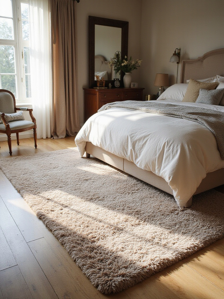 Luxurious bedroom with an area rug under a king-sized bed