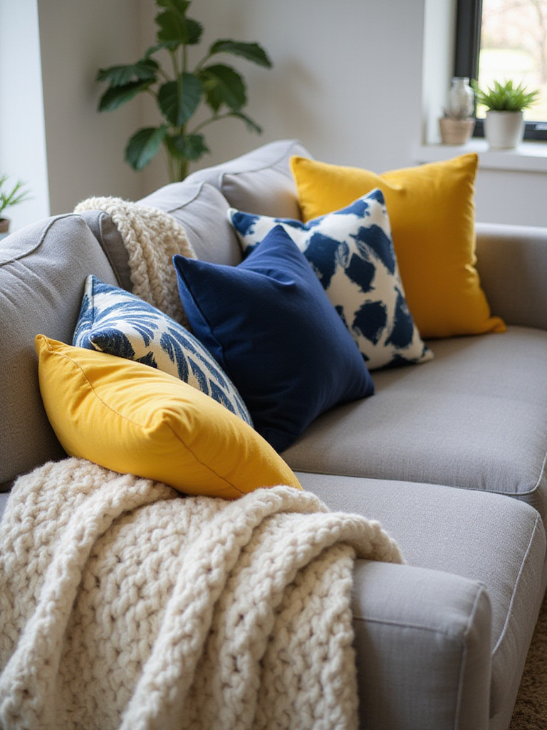 Living room styled with cushions and throws in vibrant colors and textures.
