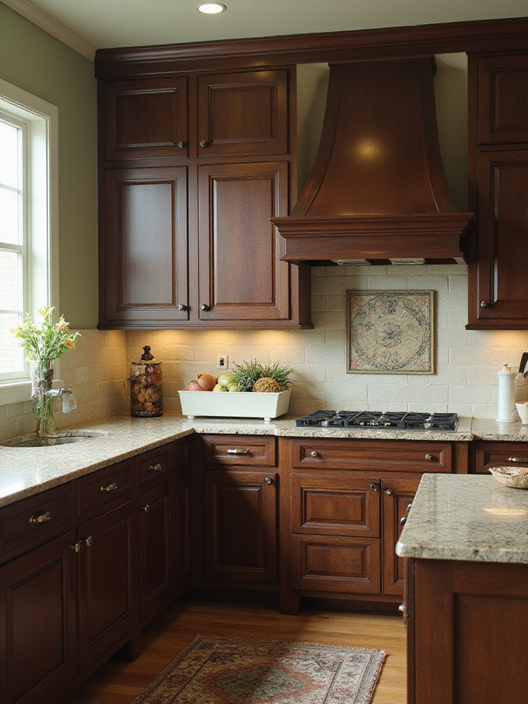 A stunning brown kitchen with espresso cabinets and sage green walls.