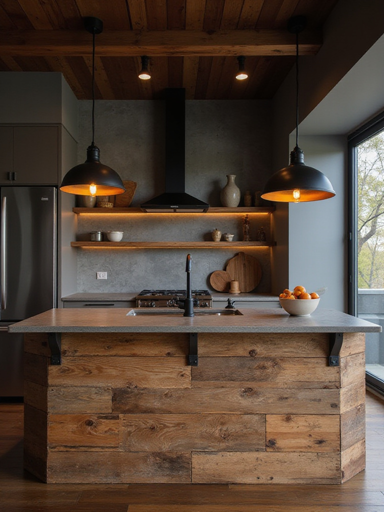 Kitchen featuring industrial accents and distressed brown wood