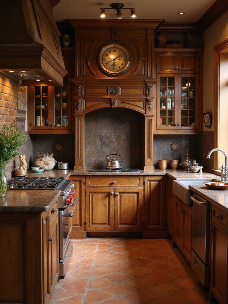 Classic brown kitchen design with elegant cabinetry and warm lighting