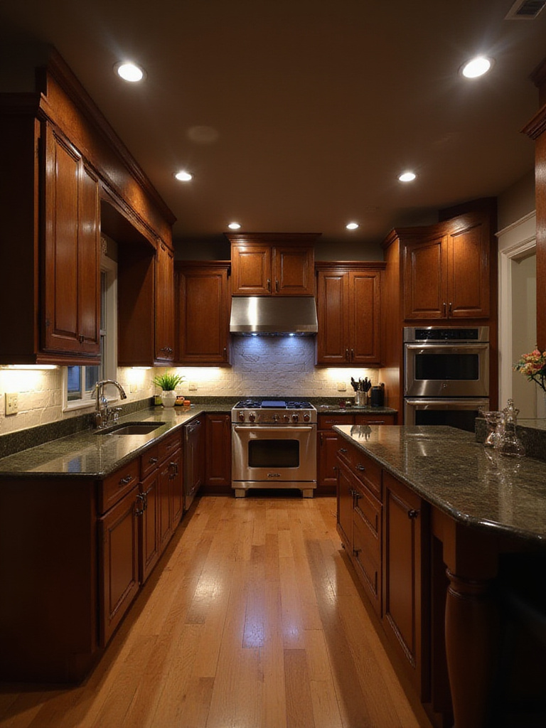 Bright dark brown kitchen illuminated with strategic lighting