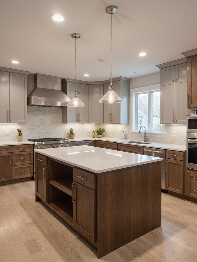 Stylish brown kitchen island focal point with white quartz countertop and ambient lighting