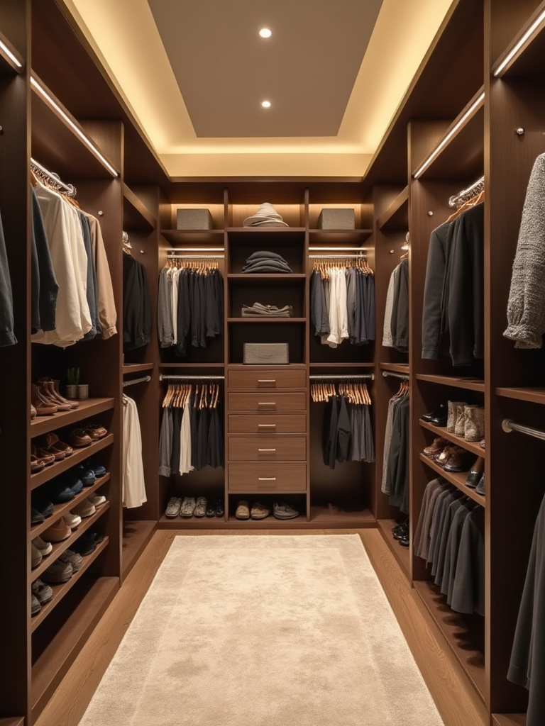 Interior view of a modern walk-in closet with organized storage solutions including shelves and hanging rods.