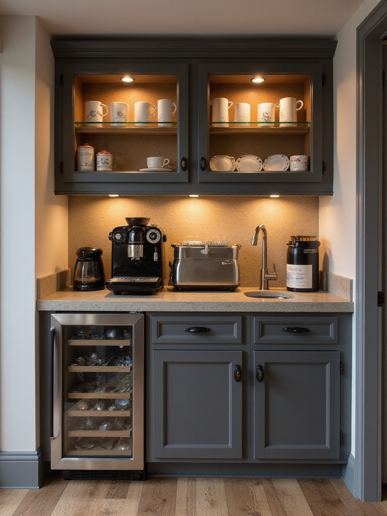 Dedicated coffee and beverage bar in a modern kitchen with espresso machine and organized shelves.