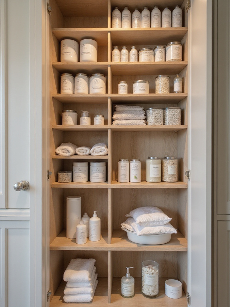 Professional photo of a bathroom cabinet with deep shelves storing bulk bathroom supplies.