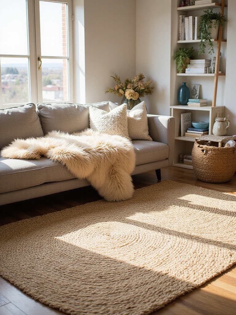 Cozy living room with jute and sheepskin rugs