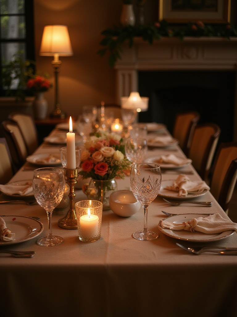 Elegant dining table with candles and small table lamps creating intimate ambiance