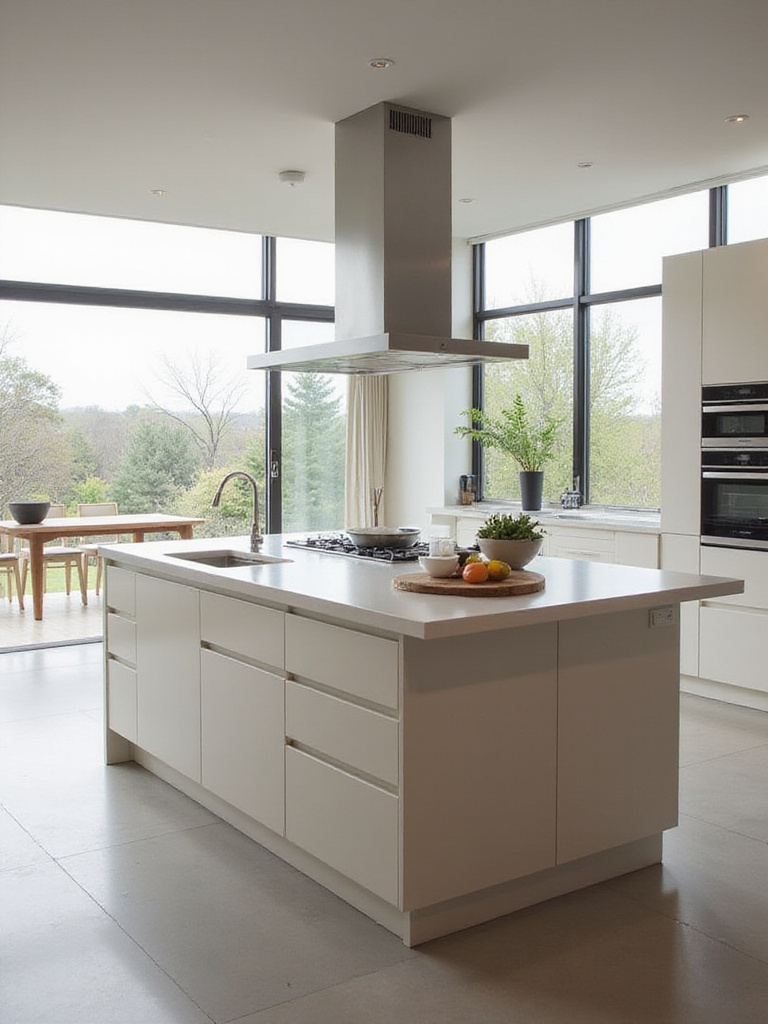 Modern kitchen with multi-functional island featuring integrated cooktop and sink.