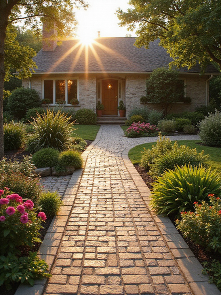 Cohesive pathway leading to a front door in a beautifully landscaped yard