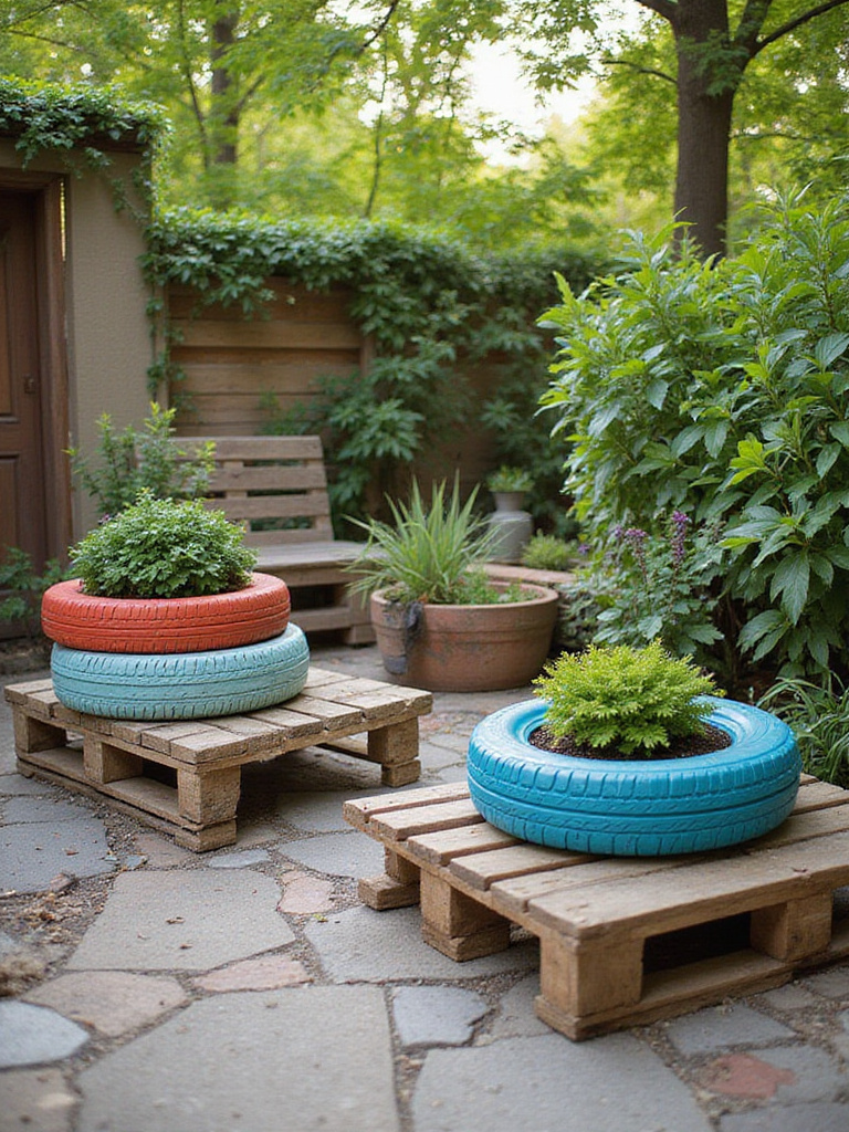 A vibrant outdoor patio scene with unique upcycled planters and furniture made from reclaimed materials