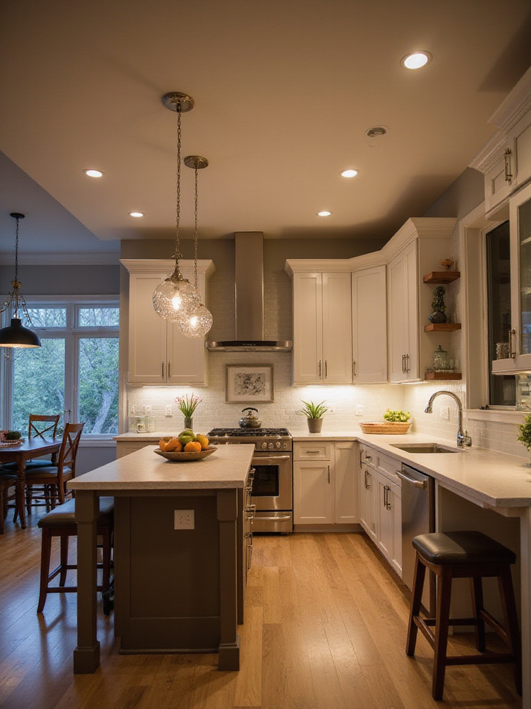 Modern kitchen with layered lighting design showcasing ambient, task, and accent illumination.