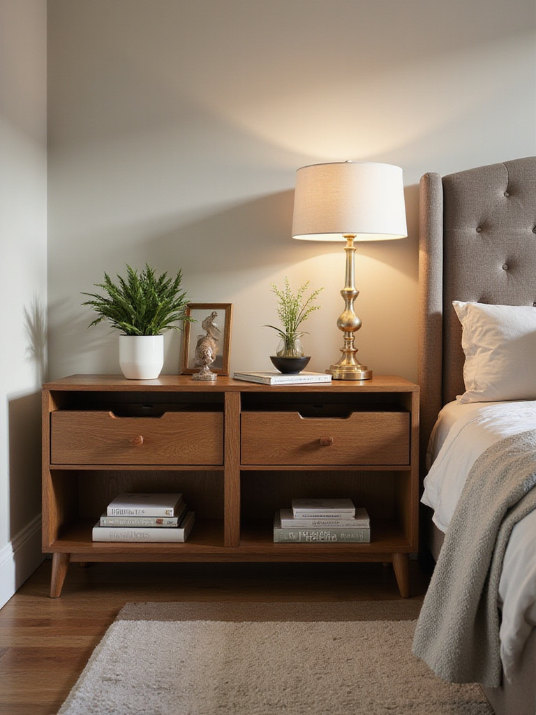 Elegant bedroom scene showcasing stylish nightstands with storage beside a plush bed