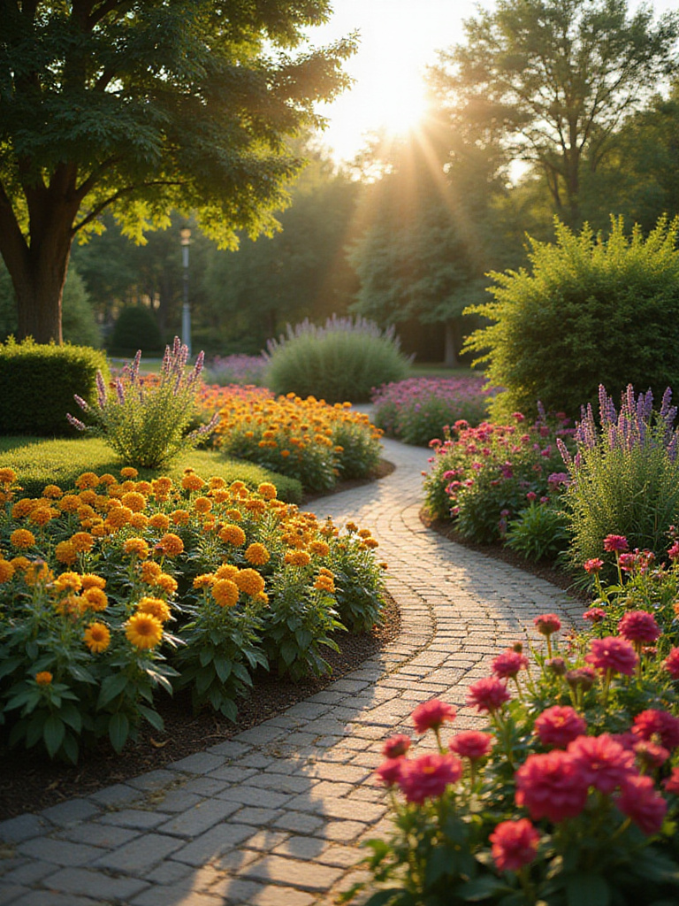 Vibrant flower garden with colorful blooms and lush greenery under natural lighting
