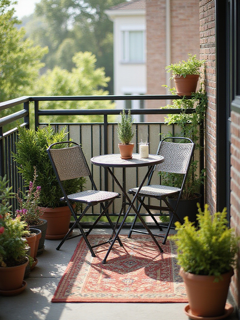 Small bistro nook on a balcony with a table and chairs, adorned with plants.