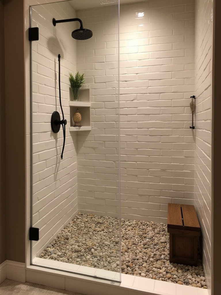 Rustic shower design with river rock floor and subway tile surrounds