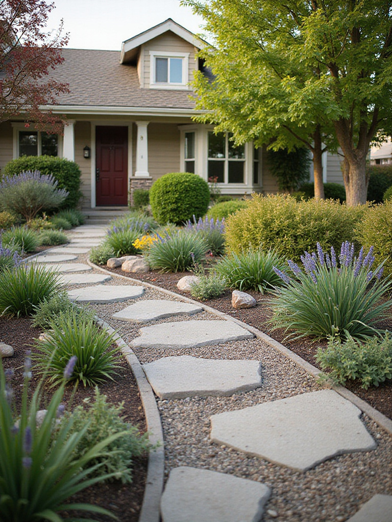 A pristine front yard designed for easy maintenance with native plants and hardscaping.