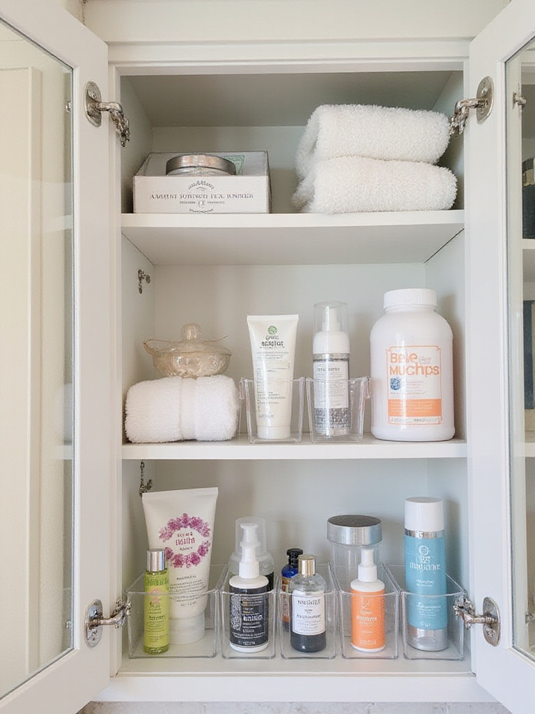 Organized bathroom cabinet with a designated guest essentials section featuring travel-sized toiletries.