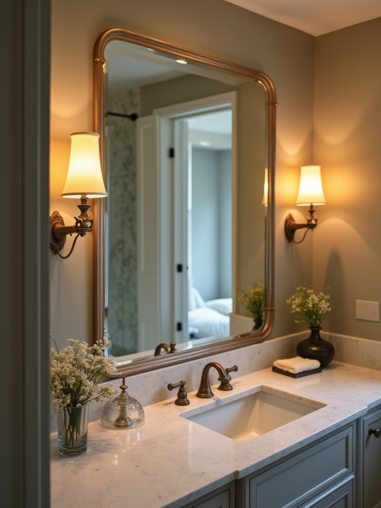 Stylish bathroom with sconces illuminating a large mirror