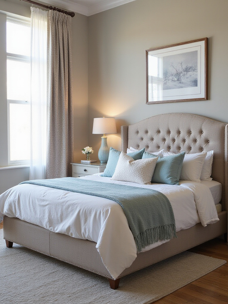 Elegant bedroom showcasing a queen-size bed with an upholstered headboard and soft decor.