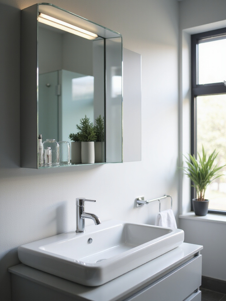 A stylish bathroom showcasing a sleek mirrored cabinet with integrated lighting and organized toiletries.