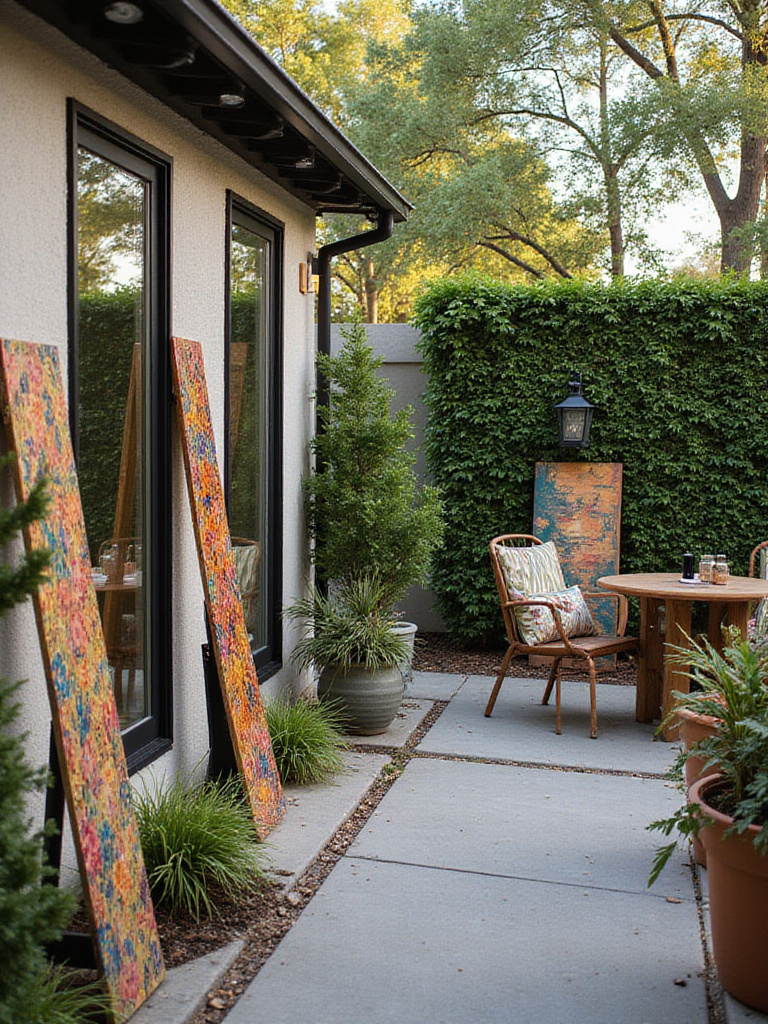 A beautifully decorated patio showcasing outdoor art, mirrors, and a living wall.