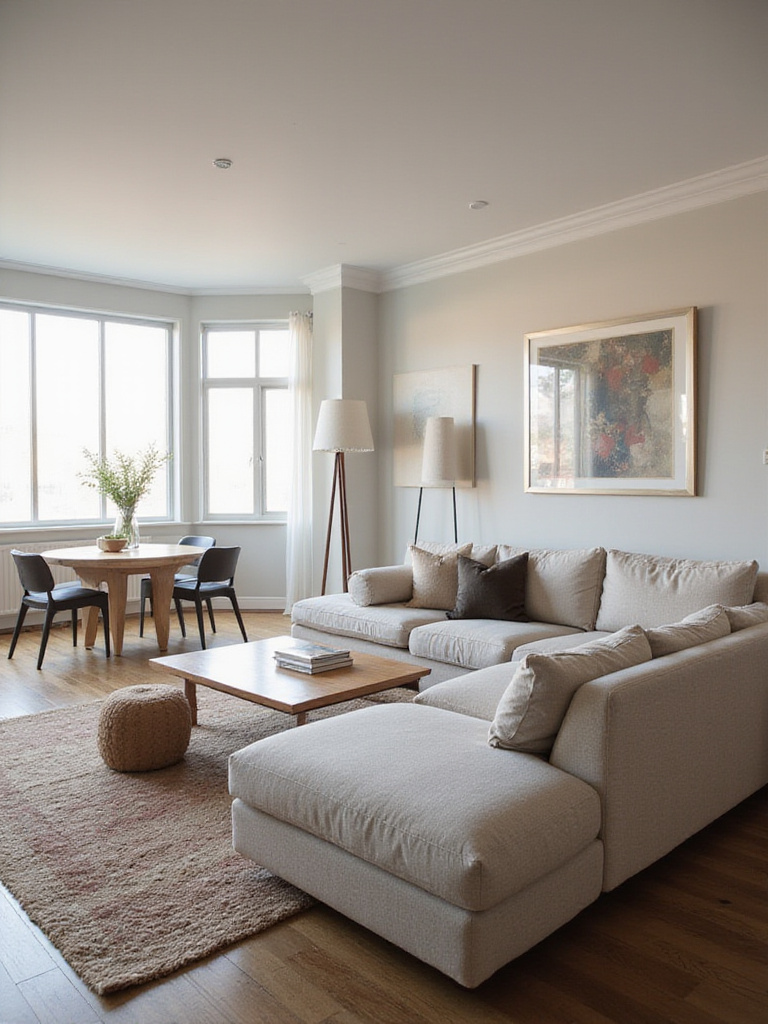 A beautifully arranged open-plan living room showcasing defined functional zones with furniture and rugs.