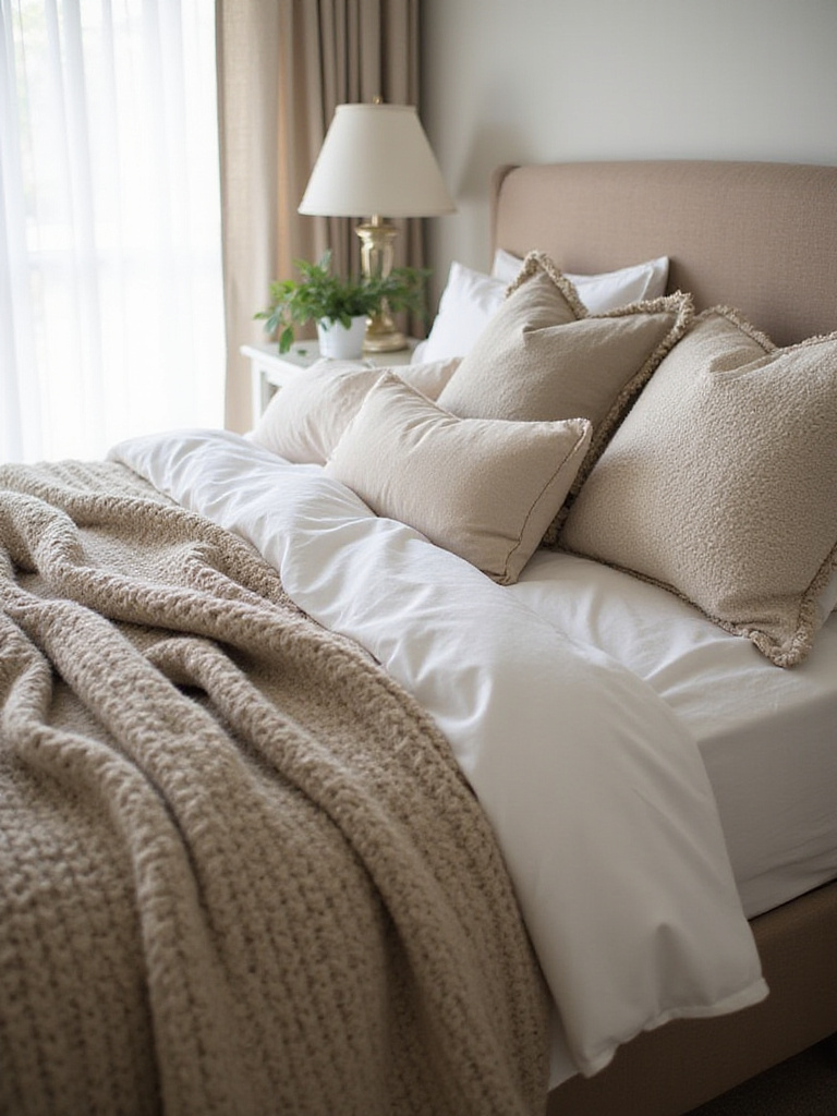 Luxurious bedding layers and textures in a styled bedroom