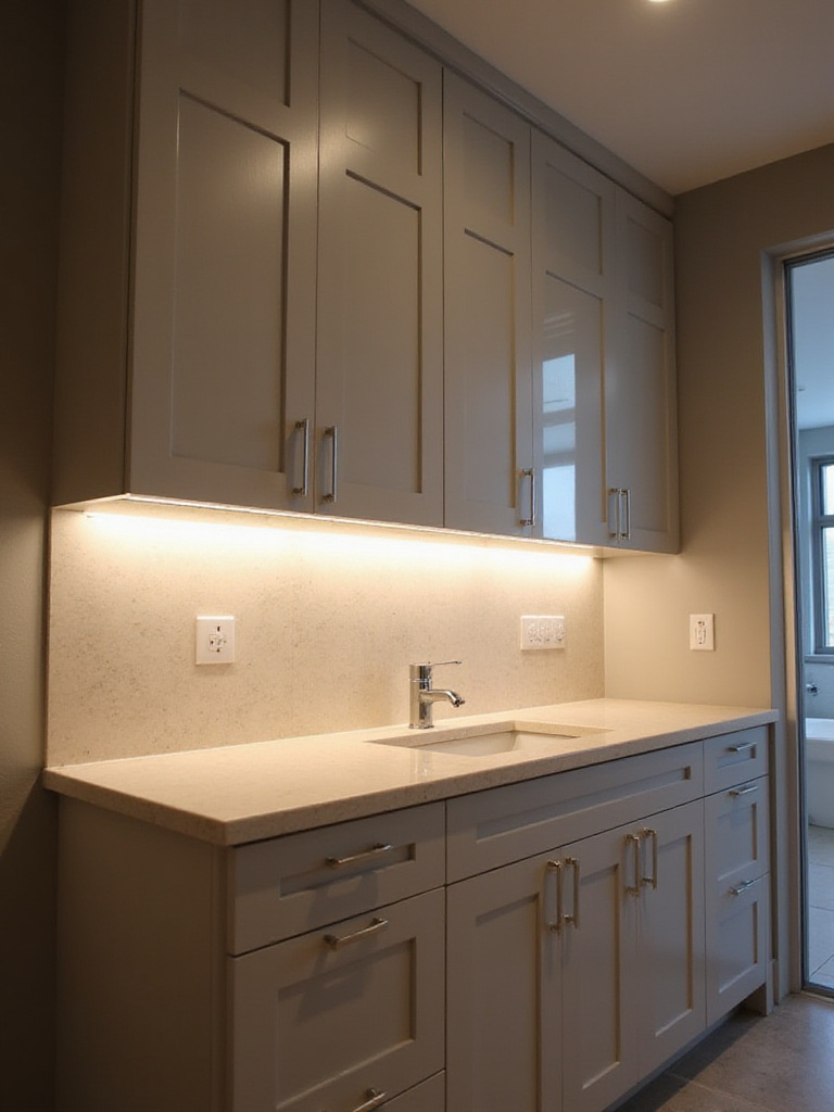 Modern bathroom with under-cabinet task lighting illuminating the countertop.