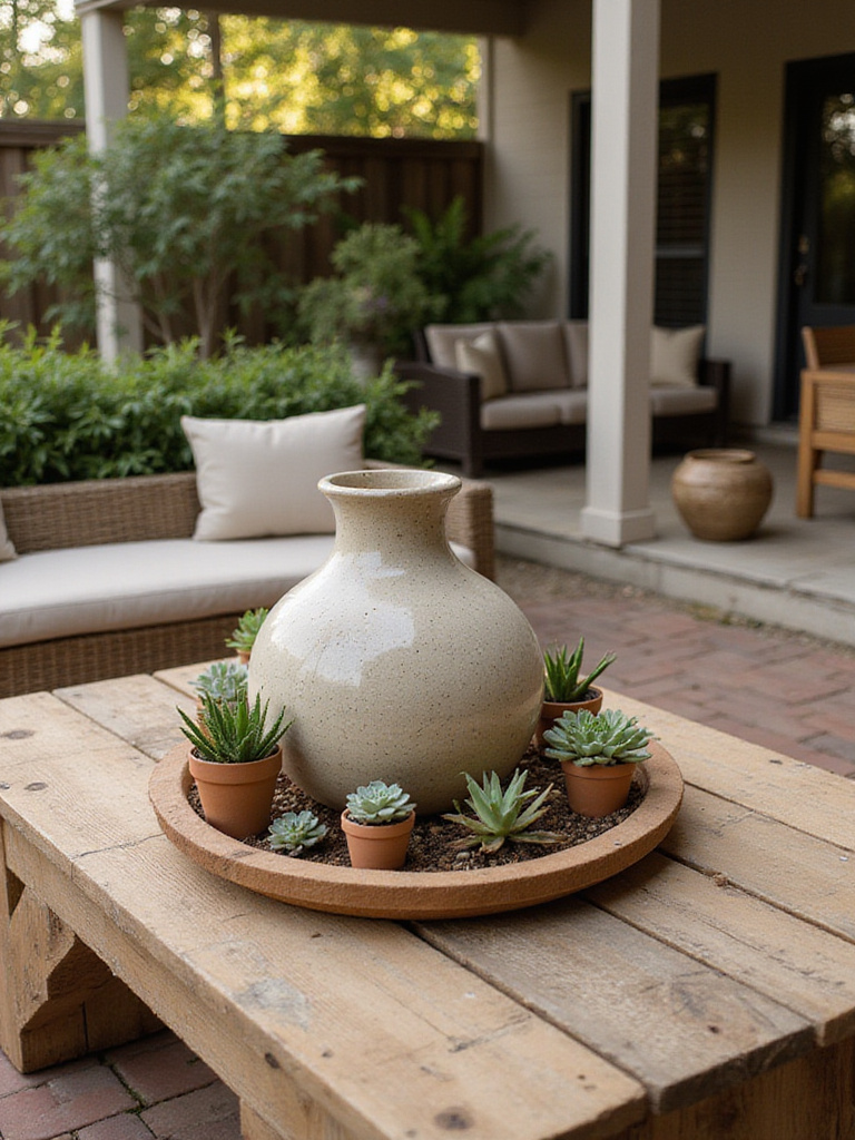 Curated patio accessories showcasing individual style with unique vases and plants.