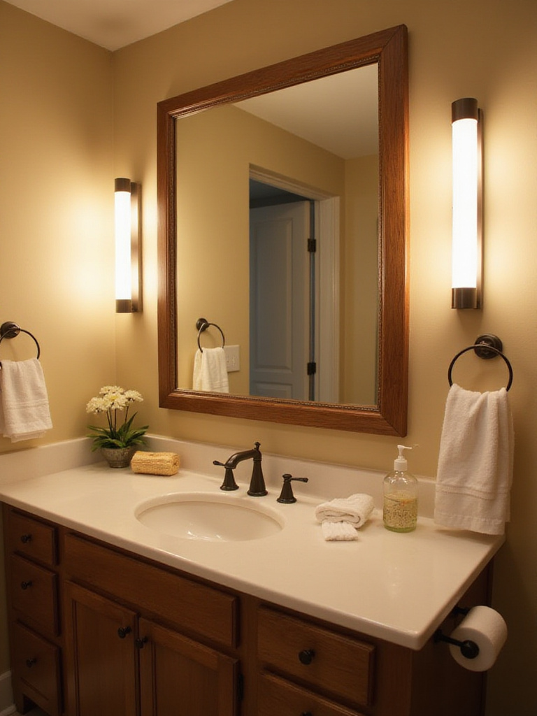 Bathroom mirror with flattering lighting eliminating harsh shadows