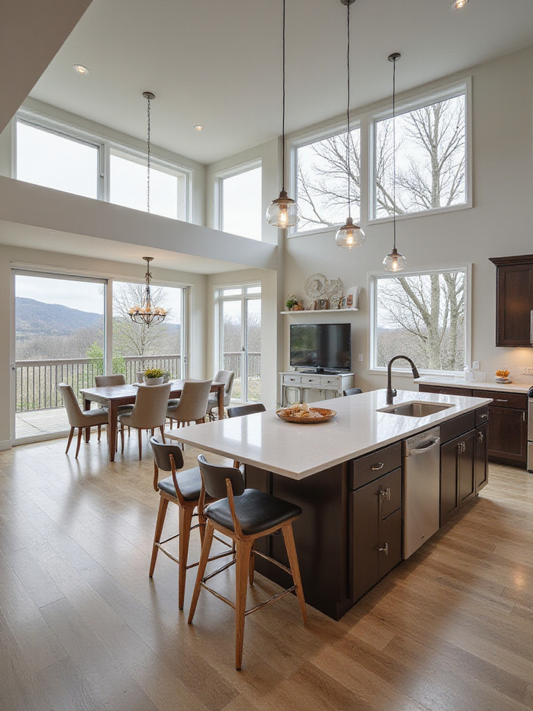 Modern open-concept kitchen with island and living area