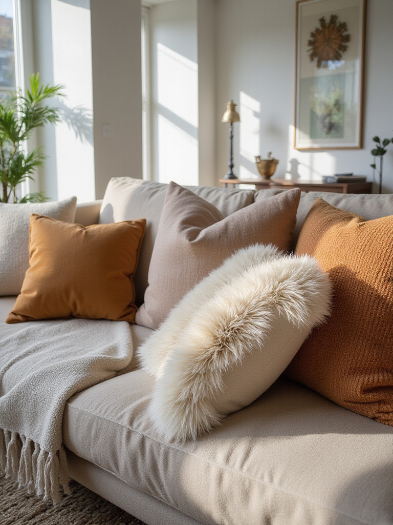 A modern living room with decorative pillows and cushions on a sofa, showcasing various textures and colors.