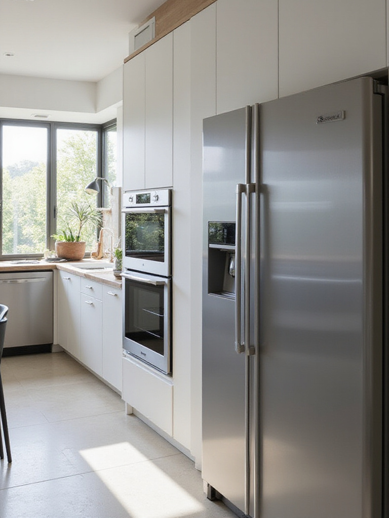 A modern kitchen with smart appliances including a smart refrigerator and oven