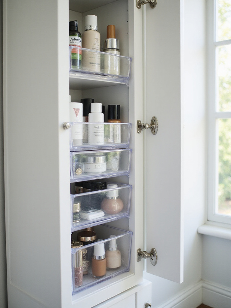 Organized bathroom cabinet with clear acrylic organizers