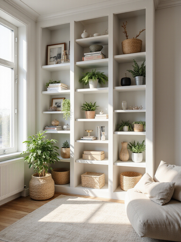 Organized living room with vertical storage solutions, including floating shelves and decorative items.