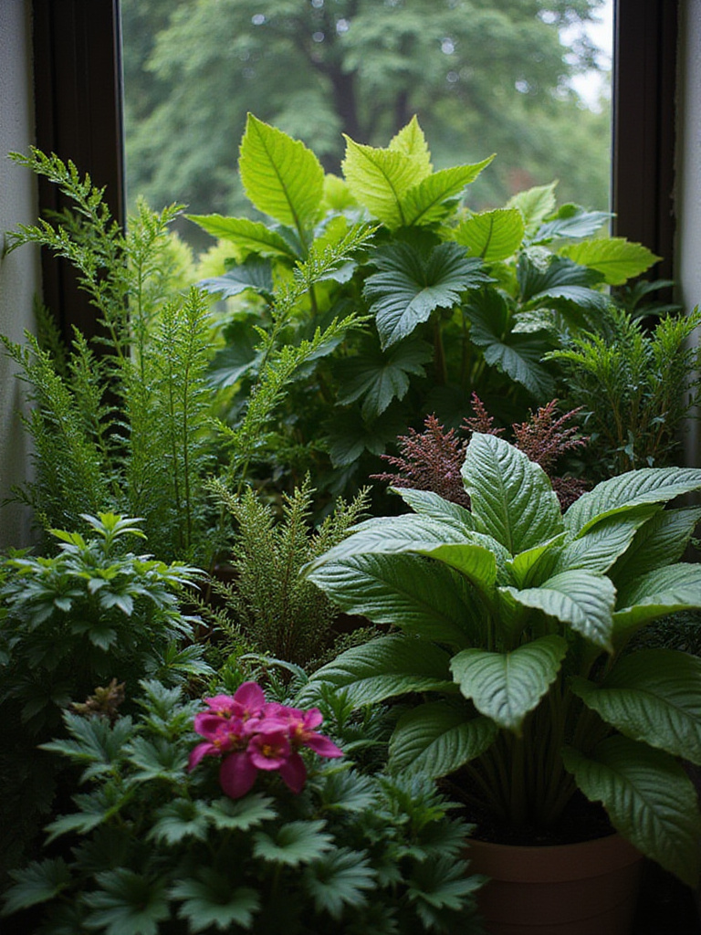 Lush balcony garden featuring shade-loving plants in a north-facing space.