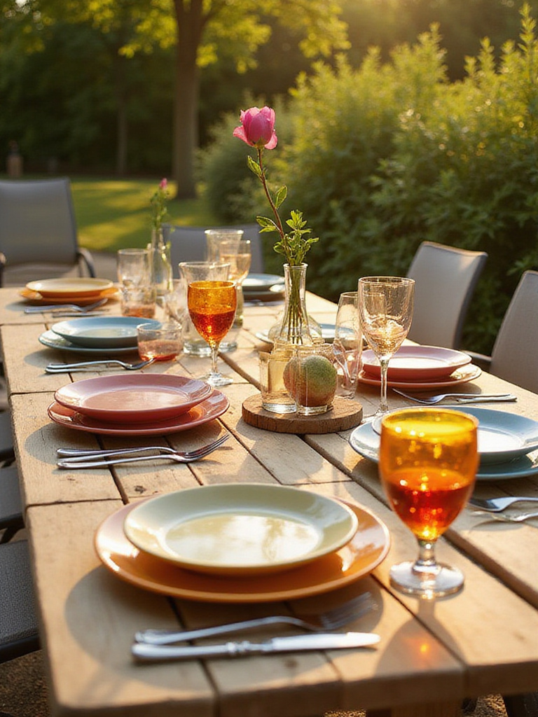 Stylish outdoor dining table set with durable tableware for alfresco meals.
