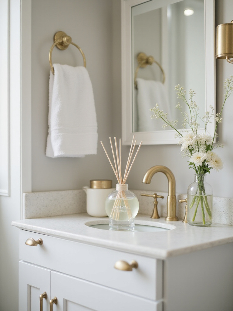 A beautifully arranged bathroom cabinet featuring a minimalist reed diffuser and stylish decor.