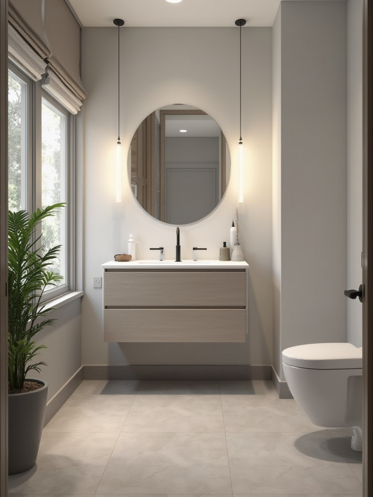 Modern bathroom with ADA-compliant cabinet heights and accessible design features.