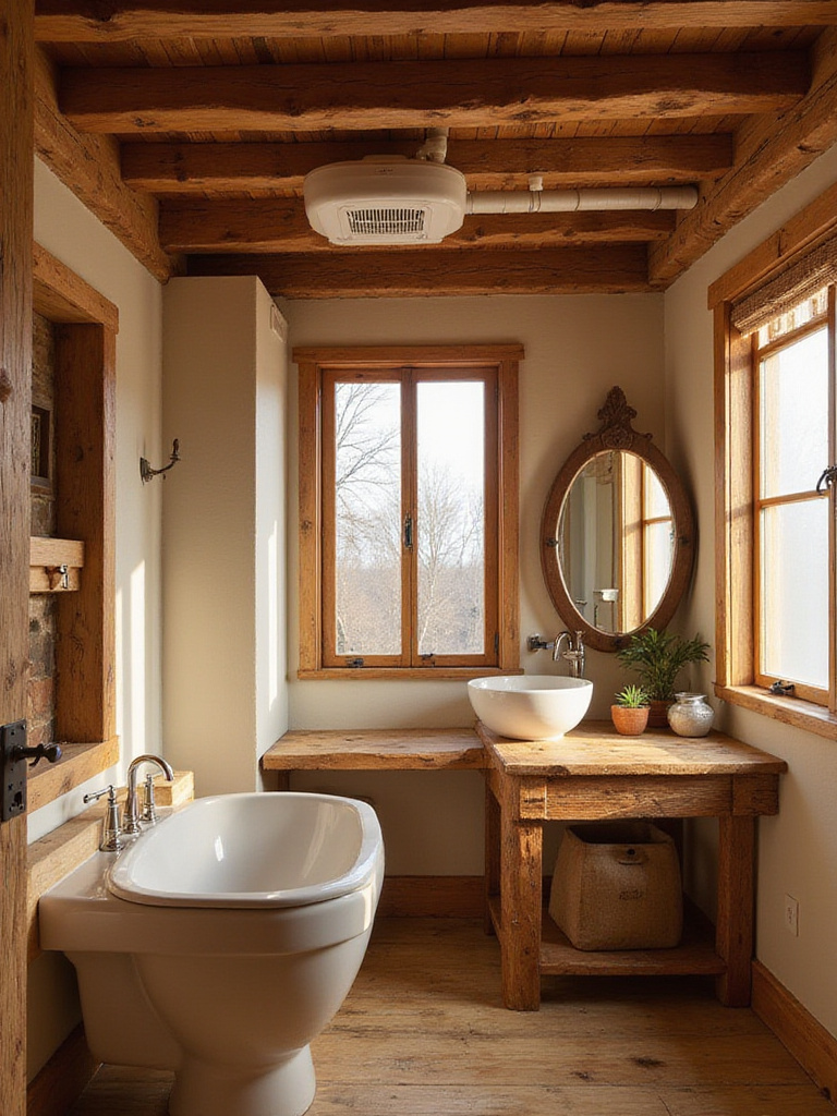 Rustic bathroom with natural wood finishes and ventilation system